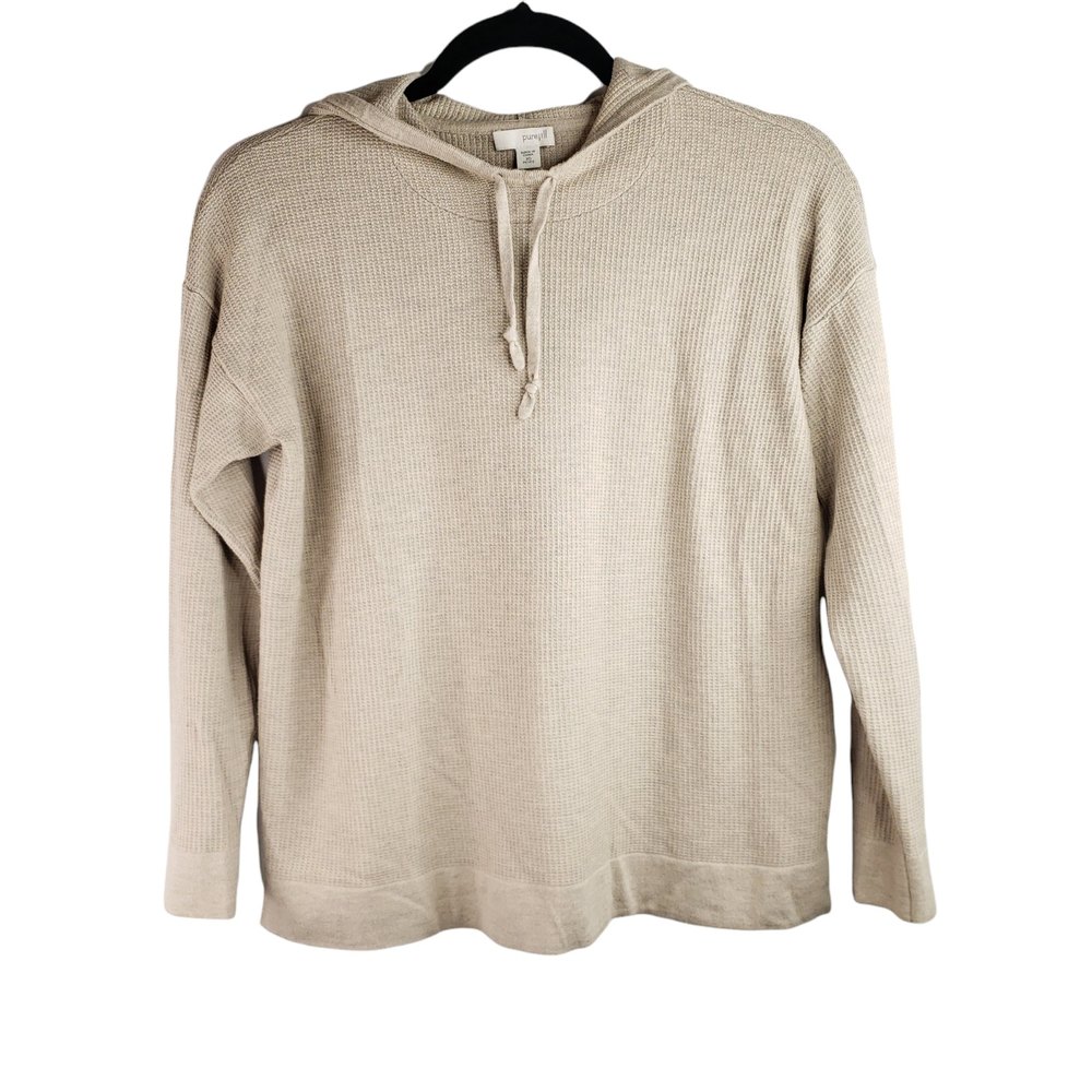 J. Jill Purejill Waffle Knit Hoodie Top Women's PXS Pullover Oatmeal Thermal